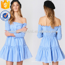 Azul e branco listrado fora do ombro manga longa babados mini vestido de verão manufatura grosso moda feminina vestuário (t0242d)